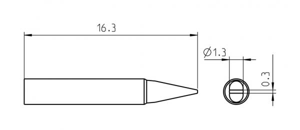 Das Bild zeigt eine technische Zeichnung eines Stifts. Er ist 16,3 mm lang, mit einer Spitze und einem Durchmesser von 1,3 mm. Eine Draufsicht zeigt die runde Öffnung mit 0,3 mm Tiefe.