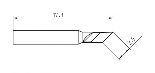 Das Bild zeigt eine technische Zeichnung eines Werkzeugs mit einem schmalen, schrägen Ende. Es sind Maße angegeben: 17,3 mm Länge und 2,5 mm Breite. Das Ende hat eine spezielle Form für präzise Anwendungen.