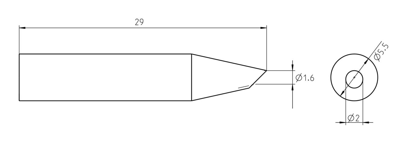 The image shows a technical drawing of a cylindrical object with a pointed shape. It has various diameters and length specifications: 29 mm long, with a diameter of 1.6 mm at the tip and 5.5 mm in the middle.