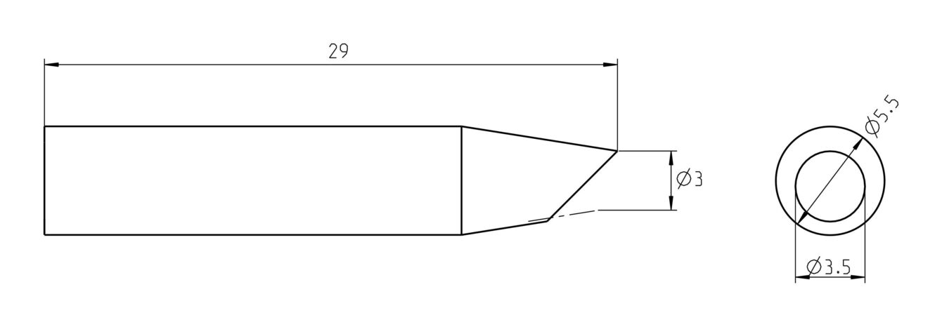 The image displays an elongated, tapered steel body. On the left side, dimensions are marked: 29 mm length, 3 mm diameter at one point. On the right, there is a circular view with a 3.5 mm diameter.