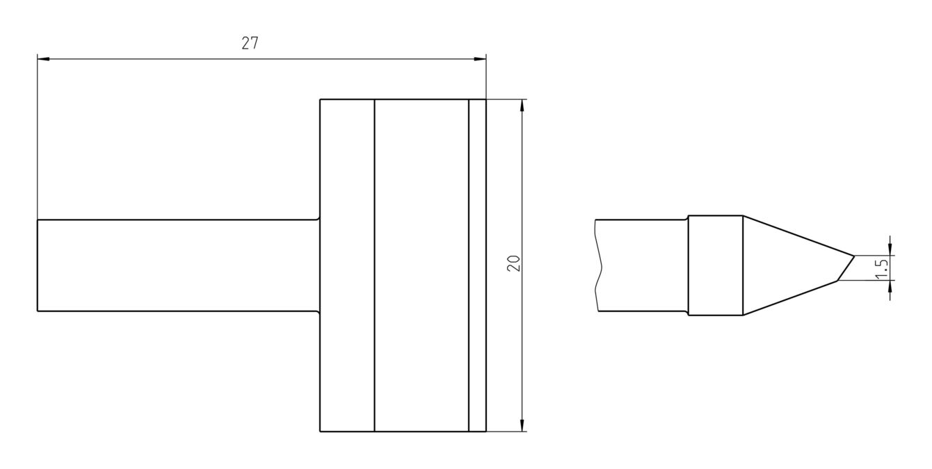 Das Bild zeigt eine technische Zeichnung eines Bauteils. Es hat eine zylindrische Form mit einem kürzeren, spitz zulaufenden Ende. Maße sind angegeben: 27 mm und 20 mm hoch.