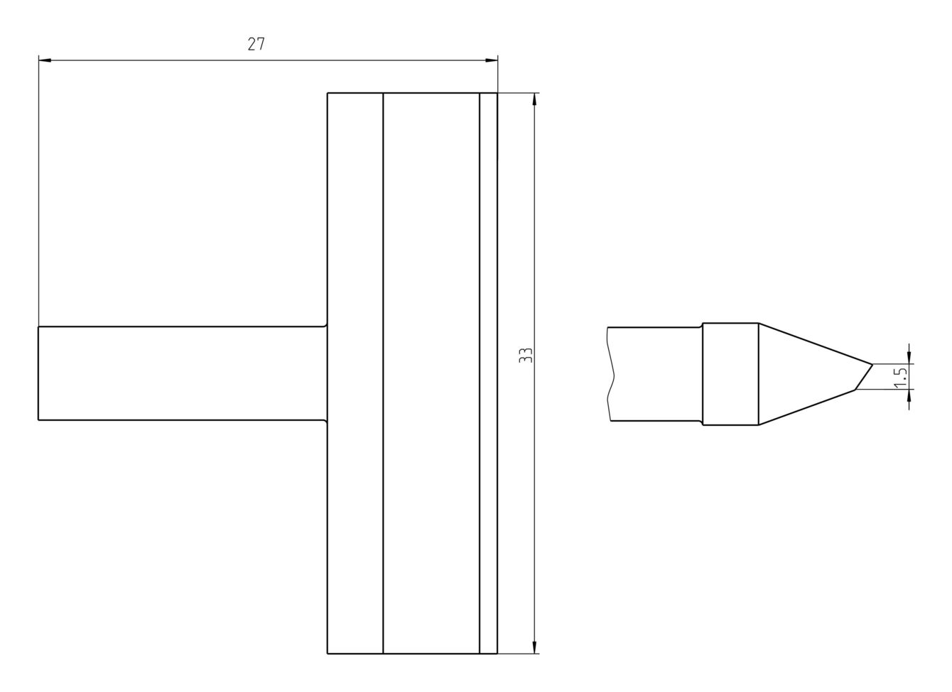 Das Bild zeigt eine technische Zeichnung eines Bauteils. Es hat eine T-Form mit den Maßen 27 mm Breite und 33 mm Höhe. An einem Ende verjüngt sich das Teil zu einer Spitze.