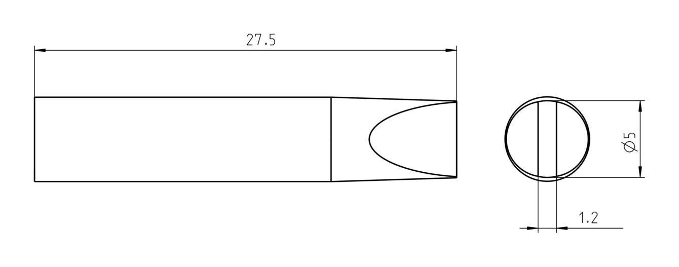 The image shows a technical drawing of an elongated, pointed object with dimensions of 27.5 mm and a diameter of 5 mm at one point. The shape is simple and symmetrical.