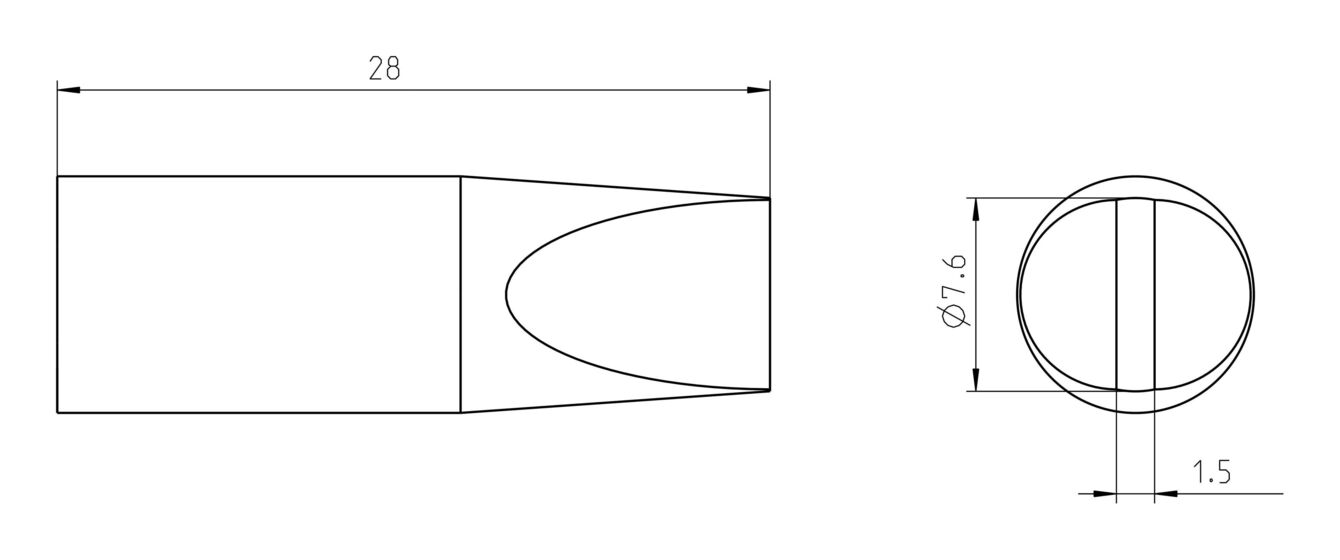 Das Bild zeigt eine technische Zeichnung eines Objekts. Links ist eine seitliche Ansicht mit einer Länge von 28 mm und einer spitzen, abgerundeten Form. Rechts ist die Ansicht von oben, rund mit einem Durchmesser von 7,6 mm und einer Dicke von 1,5 mm.