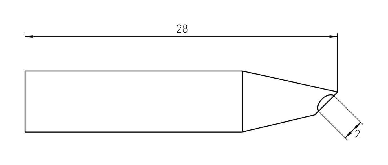 The image displays a rectangular shape with a length of 28 units and a narrow tip with a diameter of 2 units. The tip is rounded.