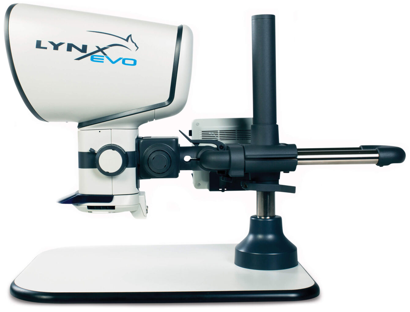 The image displays a device with a round, white casing and the inscription "LYNX EVO". It has a stable base and a long, flexible arm mounted on a base.