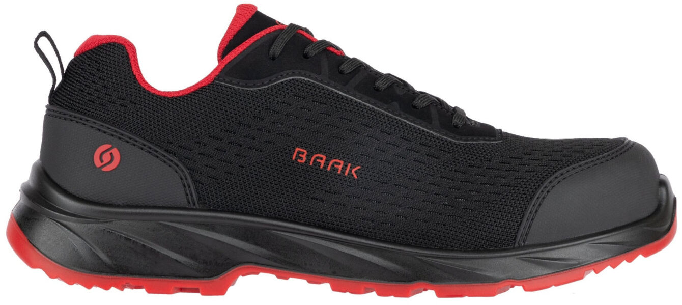 The shoe is a sporty sneaker in black with red accents. It features a breathable upper, a cushioned sole, and a comfortable fit for everyday use.