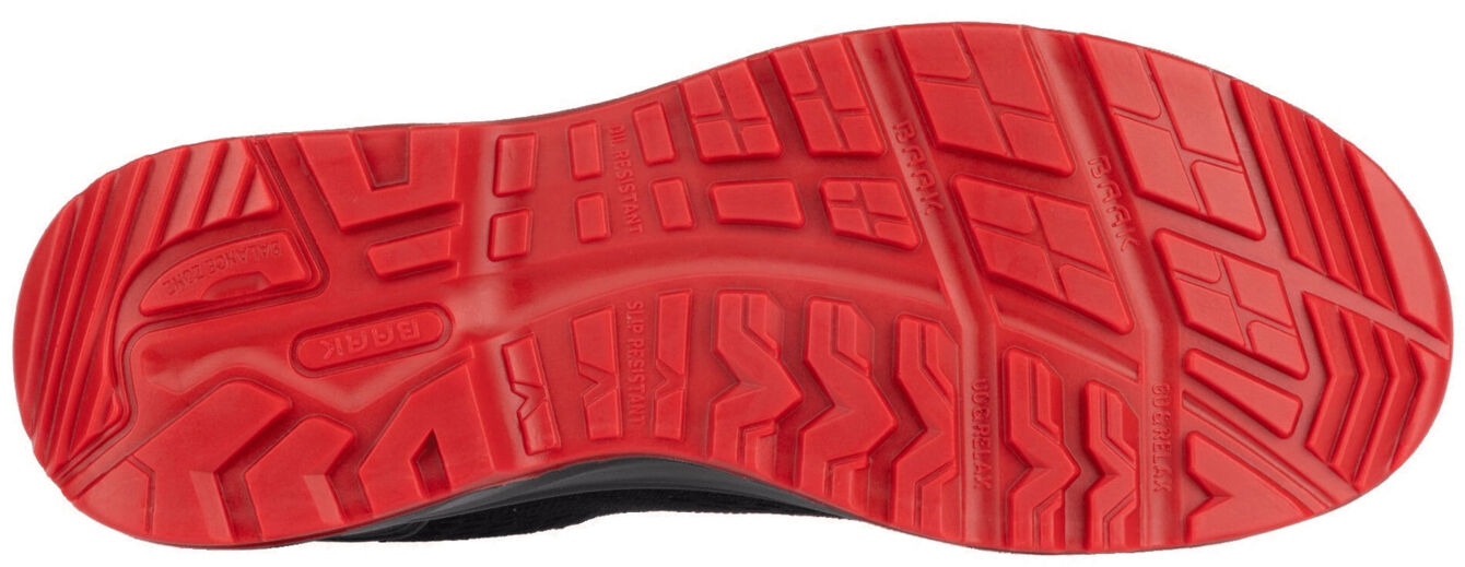 The image shows the sole of a shoe. It is predominantly black with a striking, textured red area. The sole features various patterns for improved grip and flexibility.