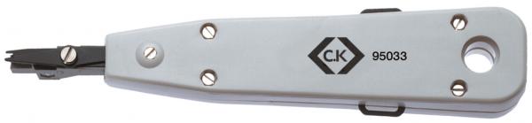 The image displays a gray cable knife with a sleek design. It features a blade made of black metal and several screws on the surface. A hole for hanging is present.