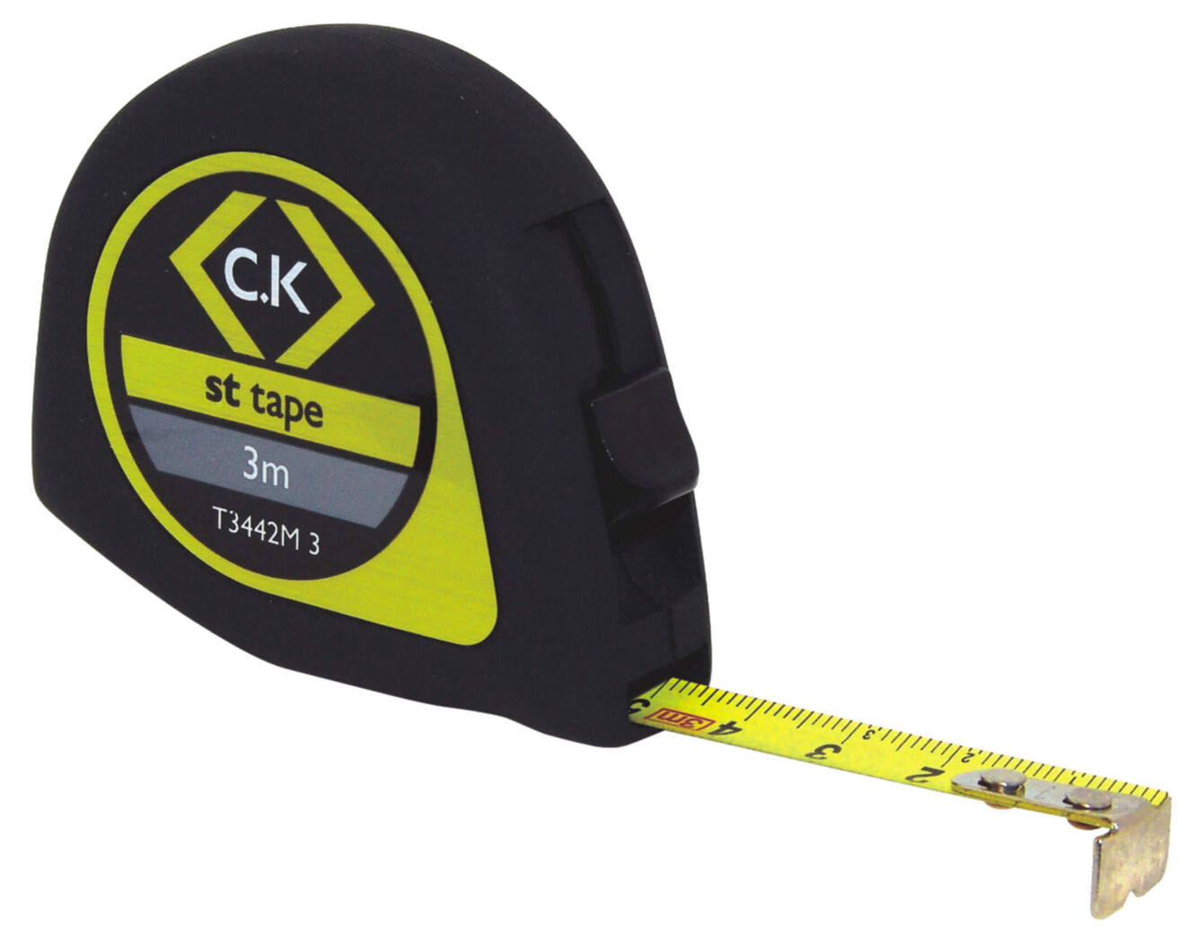 In the picture, there is a tape measure visible. It has a black, rubberized casing with yellow and gray details. The tape measures up to 3 meters and is partially extended.