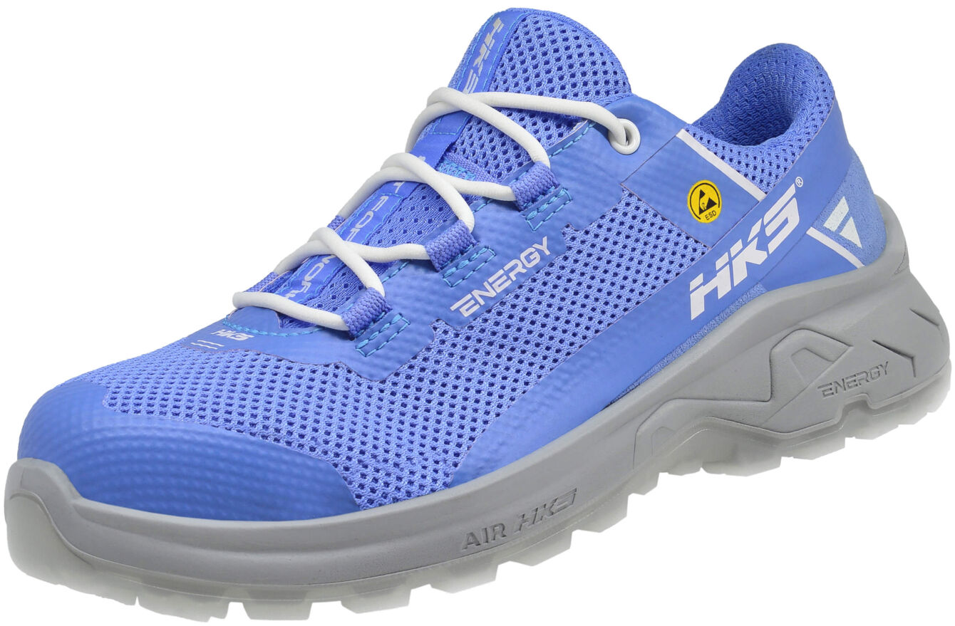 The shoe is sporty, with a light, airy upper part in bold blue. It has a cushioned sole and white laces, ideal for active use.