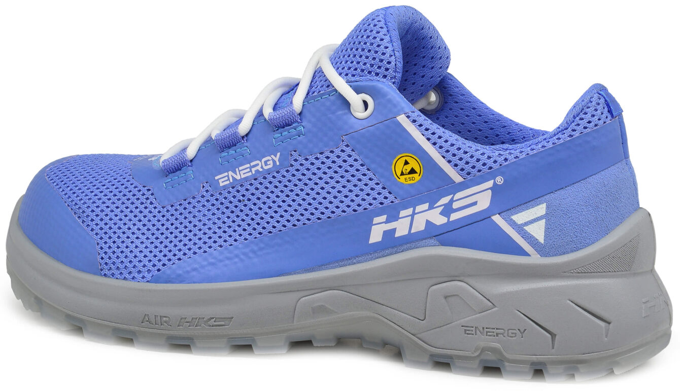 The image shows a lightweight, blue athletic shoe with breathable upper material. The sole is gray and textured, ideal for firm grip. White shoelaces and brand logo are visible.