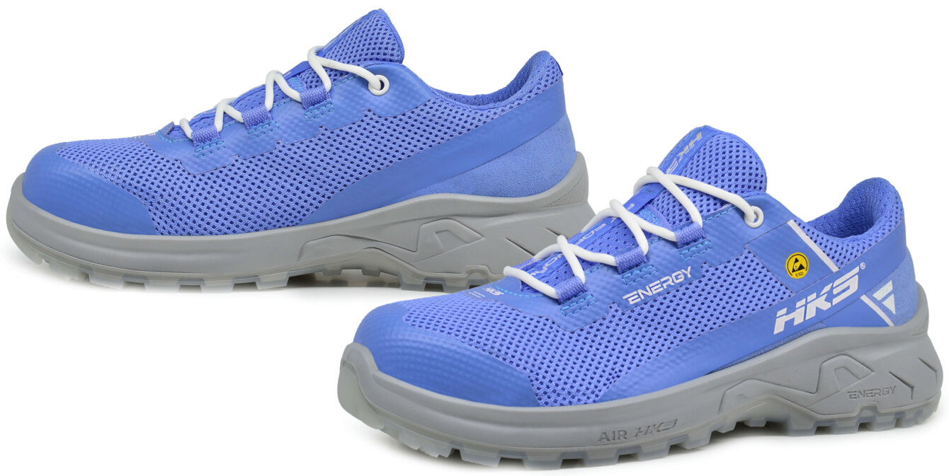 The image displays a pair of athletic shoes in bright blue with gray soles. The upper part is made of breathable material with mesh structures, equipped with white shoelaces.