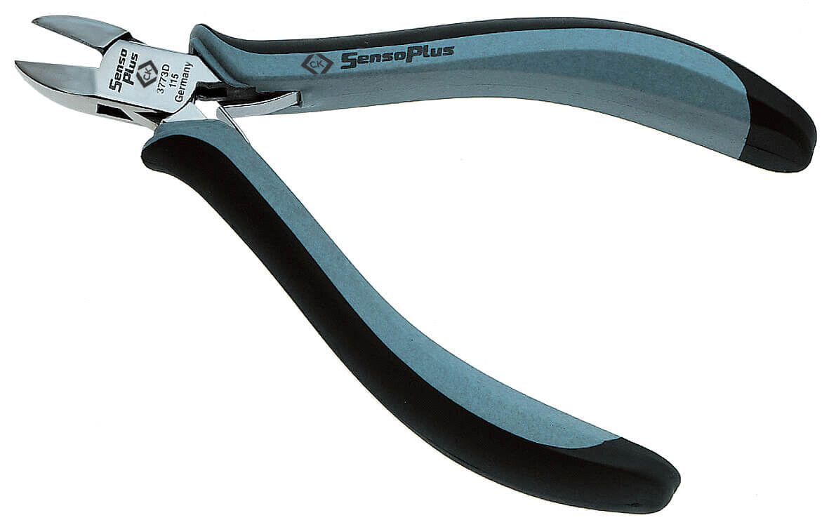 The image shows a pair of pliers with two handles. The handles are black and blue, ergonomically shaped for better grip. The plier heads are made of shiny metal, sharp and suitable for cutting.