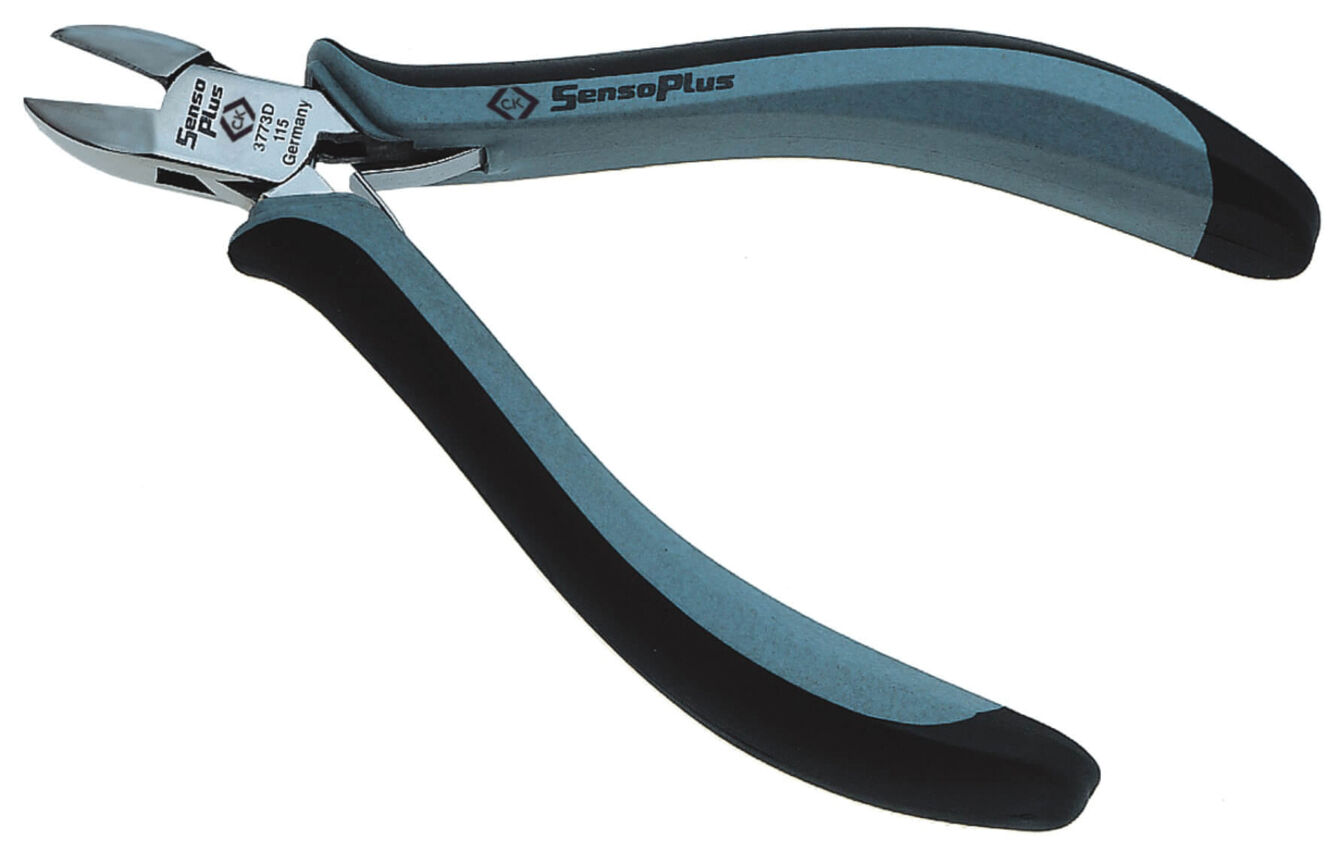 The image displays a combination pliers with a silver cutting tool and black, ergonomic handles. The pliers have a curved shape with flat edges.