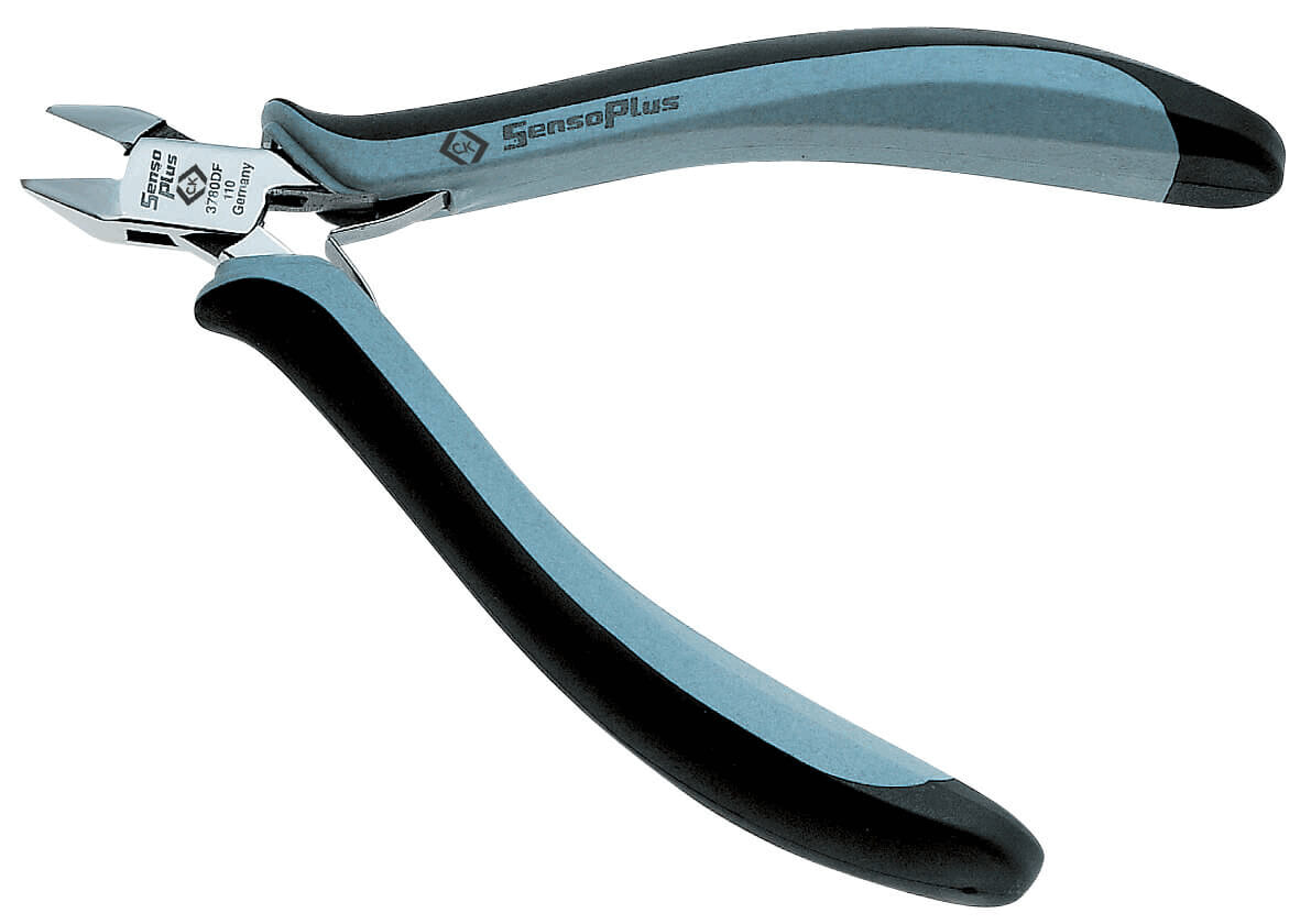 The image shows a pair of pliers with short, narrow tips. The handles are black and light blue, ergonomically shaped. The blades are shiny and sturdy, ideal for precise work.