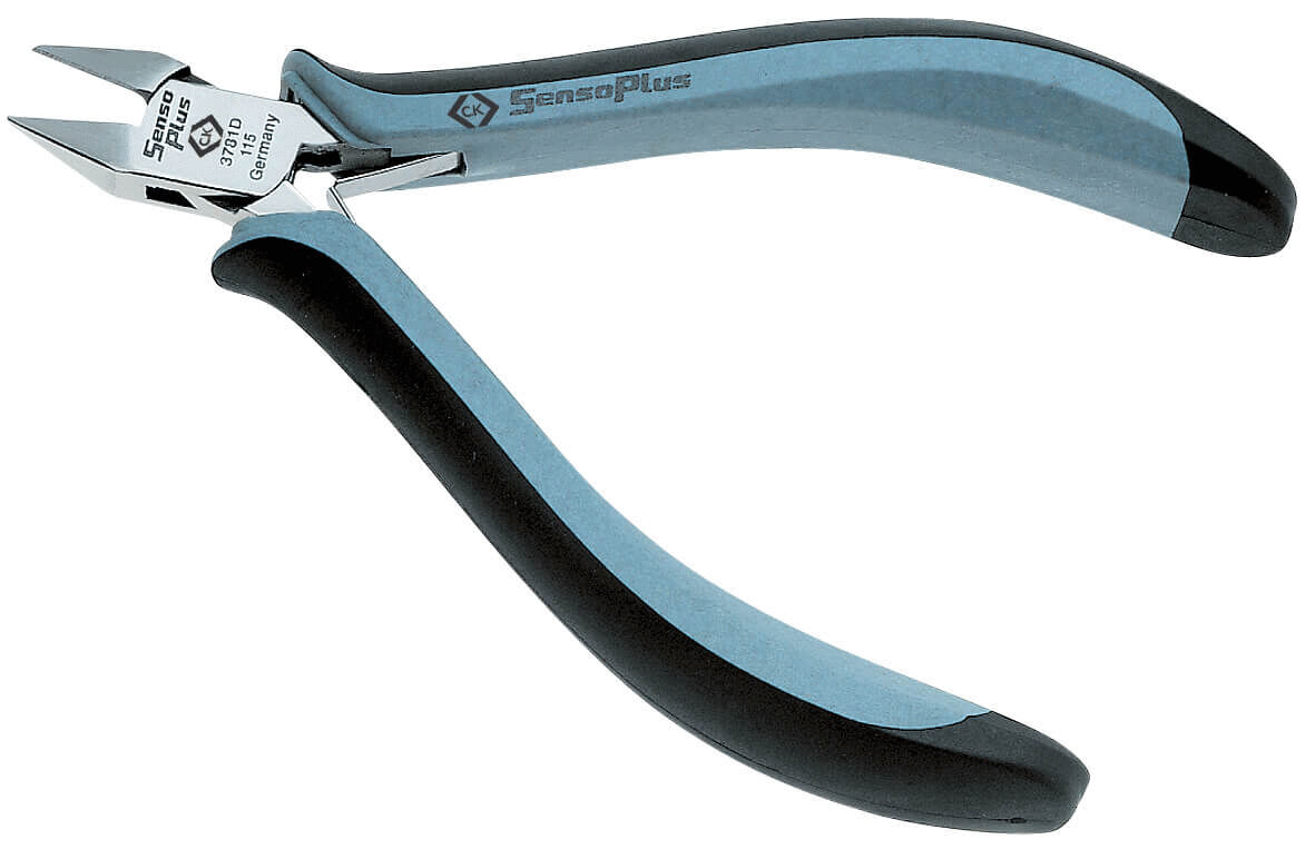 The image shows a pair of pliers with an ergonomic handle. The pliers have a shiny, sharp cutting edge and a blue, non-slip coated handle with a black base.