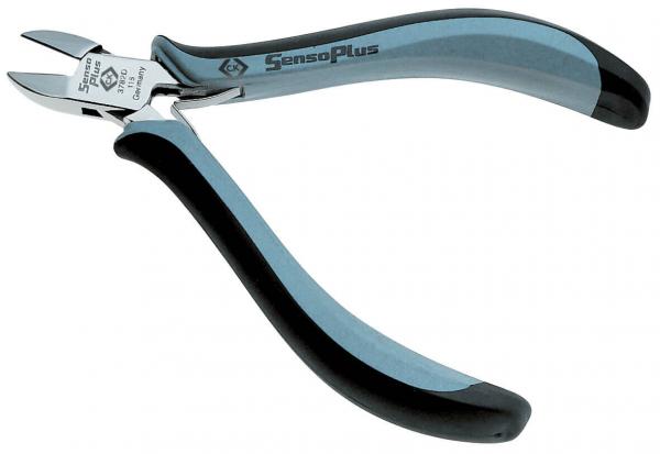 The image shows a pair of pliers with curved, ergonomically shaped handles. The handles are blue and black, and the pliers have a shiny, metallic blade.