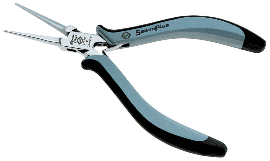 The image shows a long-nosed pliers with two pointed jaws. The handles are ergonomically shaped, in blue and black, and provide a good grip for precise work.