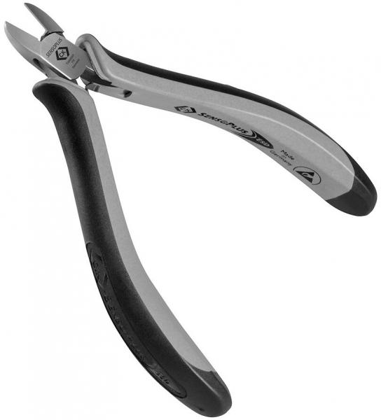 The image displays a pair of pliers with a silver head and black, ergonomic handles. The pliers are slightly curved and feature sharp blades for precise cutting.