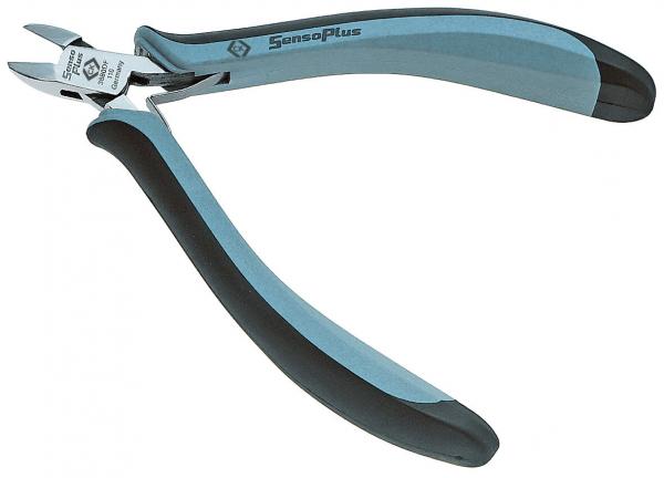 The image shows a pair of pliers with ergonomic blue-black handles. The cutting edge is straight and shiny, ideal for cutting wires or fine materials.