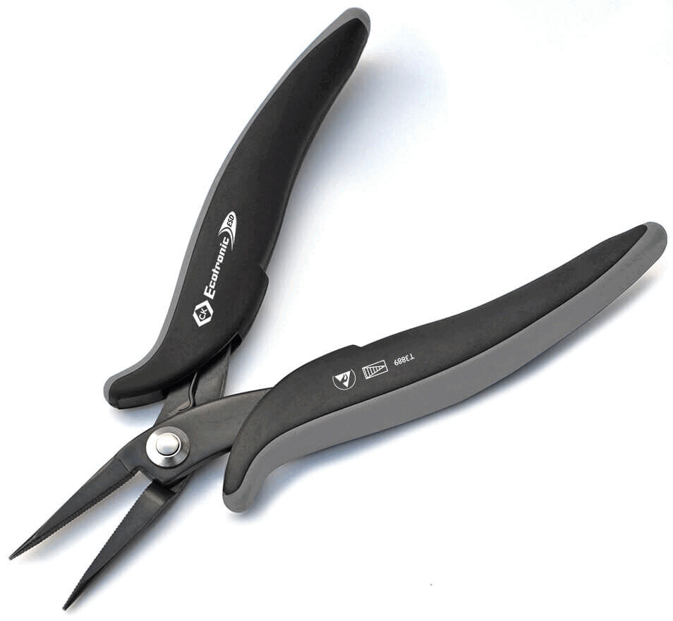 The image shows a narrow pair of pliers with an ergonomic handle. The handles are black with gray elements. The tip of the pliers is pointed and slim for precise work.