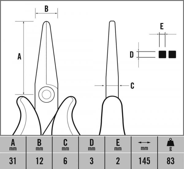 The image displays technical drawings of a pair of scissors. It includes measurements for various parts: length (A), width (B), thickness (C), as well as additional measurements (D and E) and the weight (g).