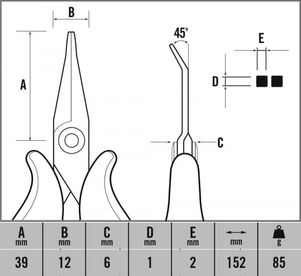 Das Bild zeigt eine technische Zeichnung von Zangen. Es enthält Maße für A, B, C, D und E. Die Zange hat eine spitze Form und ist seitlich betrachtet, mit einem 45-Grad-Winkel.