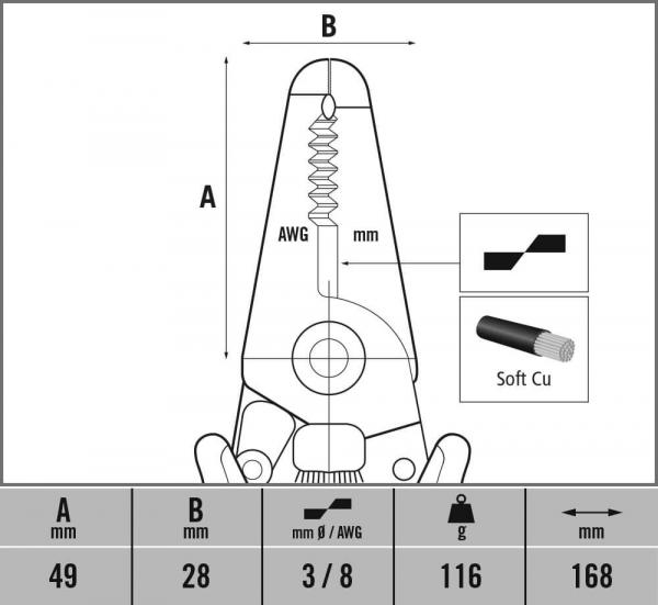 The image displays a technical drawing of a tool. Dimensions for A and B are provided. Additionally, there are symbols for wire gauges and material (Soft Cu).