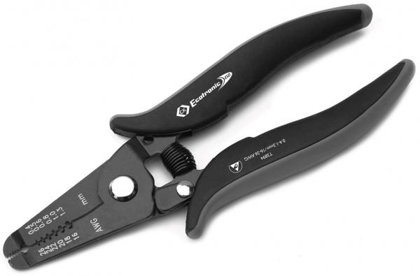 The image shows a pair of pliers with black, ergonomic handles. The pliers have a curved shape with a mechanism in the middle and various scales for different wire gauges.