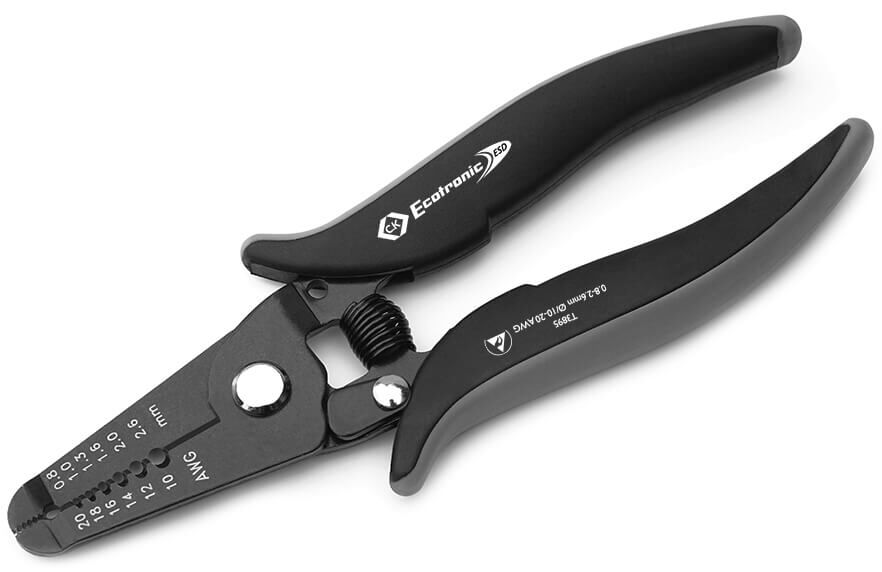 The image shows a black crimping tool. It has two ergonomic handles and a mechanism in the middle. The tool is suitable for working with cables, with measurements indicated on the side.