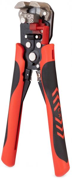 The image shows a cable cutter pliers with a red and black grip area. The pliers have a sturdy, metallic cutting edge and multiple adjustment options for different wire thicknesses.