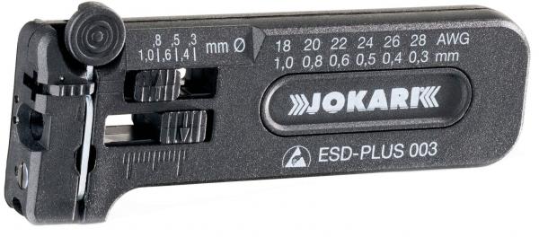 The image shows a black wire stripper with multiple scales. It has a round dial and various setting marks for wire diameter and AWG. The inscription "JOKAR" is visible.