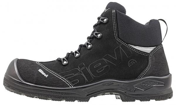 The image shows a black safety boot with a sturdy sole. The boot has a high shape, laces, and is made from durable material.