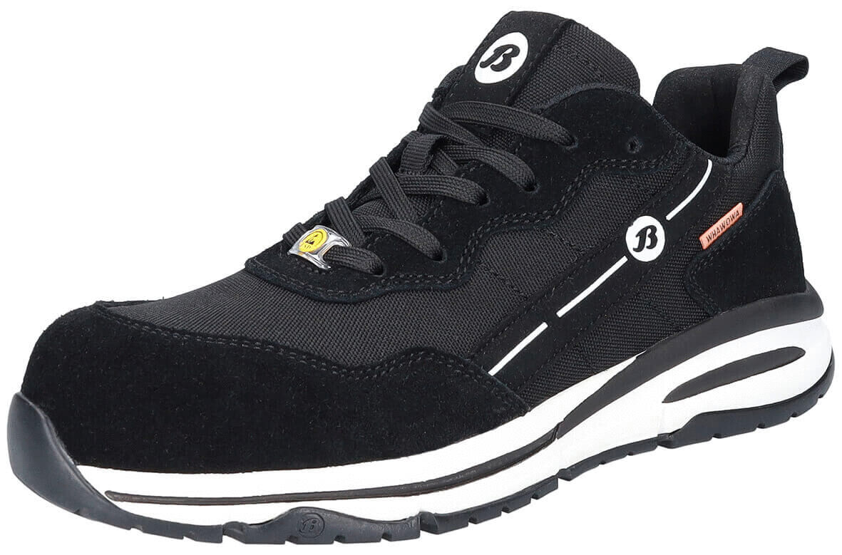 The image shows a black sneaker with a sporty shape. It features a combination of textile and suede, flat laces, a white sole, and reflective details.