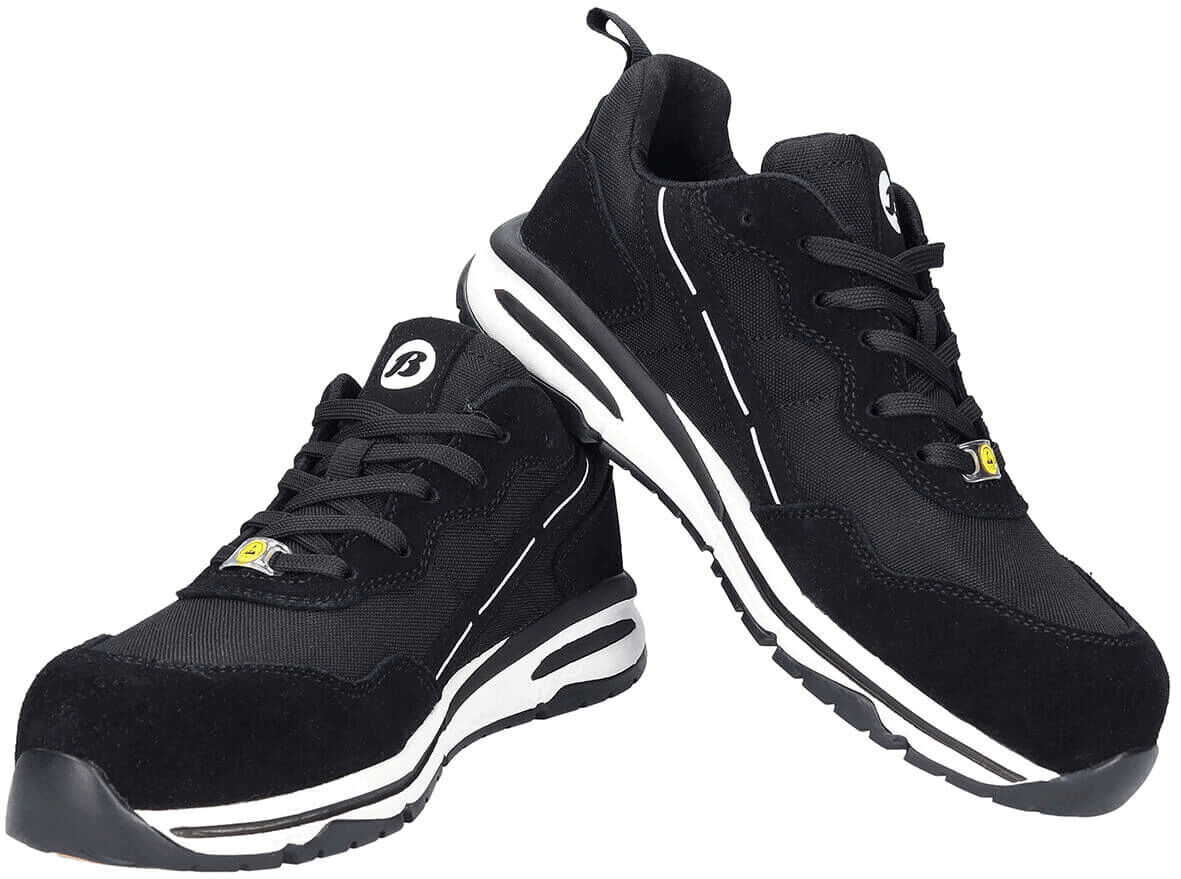 The image shows a pair of black athletic shoes. They have a sturdy, smooth surface with white stripes and a thick, textured sole. The laces are black.