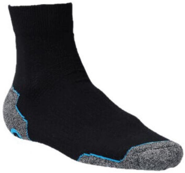 The image shows a black-colored sock with a short cut, featuring gray accents on the heel and toe area. There is a blue stripe on the side.