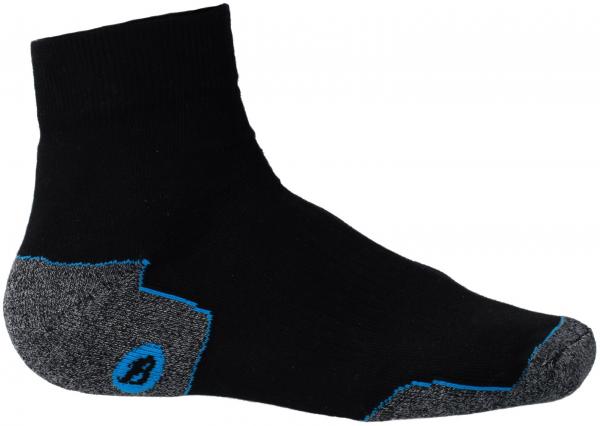 The image shows a short black sock. It has a gray area at the heel and a blue accent line. The sock is designed to be sporty and functional.