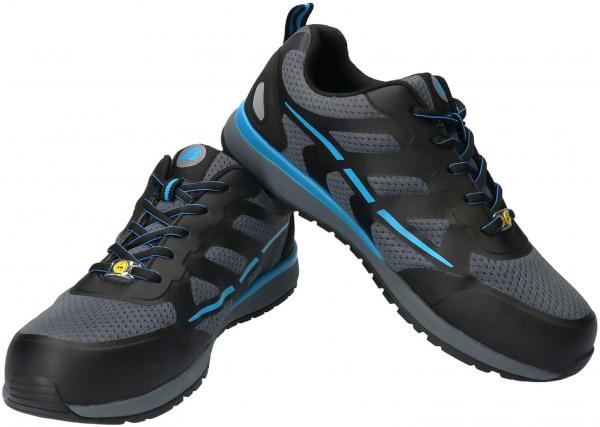 In the picture, there are two athletic shoes. They have a gray, breathable surface with blue accents and a sturdy, black sole. They are suitable for outdoor activities.