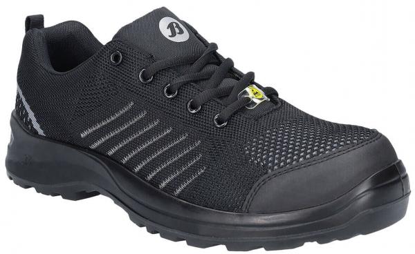 The image shows a black work shoe with a sturdy, non-slip sole. The upper is made of breathable mesh and has side stripes. Laces ensure a good fit.