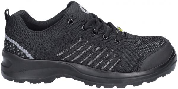 The image shows a black athletic shoe made of mesh fabric with laces. It has a sturdy rubber sole and reflective stripes on the sides. The shoe design is modern and stable.