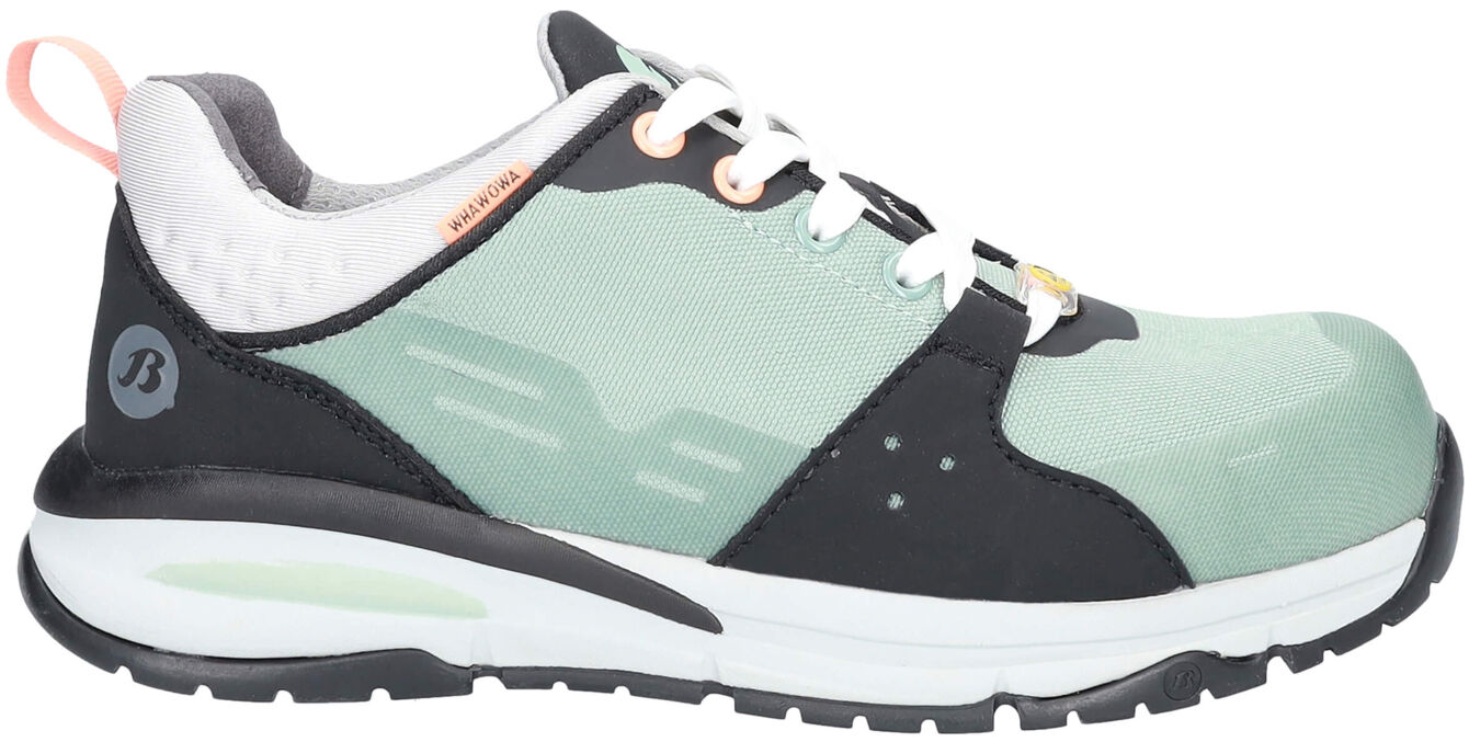 A sporty shoe with a green upper and black accents. It has a white sole, gray details, and a sturdy construction. White laces and a small logo on the side.