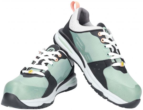 The image shows a pair of athletic shoes. They are primarily mint green, with black and white accents. The laces are white, and there is a small orange loop at the back.