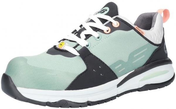 The shoe is sporty with a mint green, gray, and black upper. It features a cushioned sole, bright laces, and a striking design. Ideal for active people.