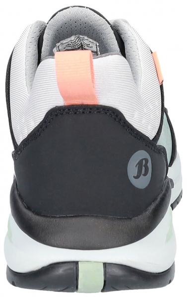 The image shows the rear view of a sporty shoe. It has a black heel, gray and mint green elements, as well as a small orange accent. A logo is visible on the side.