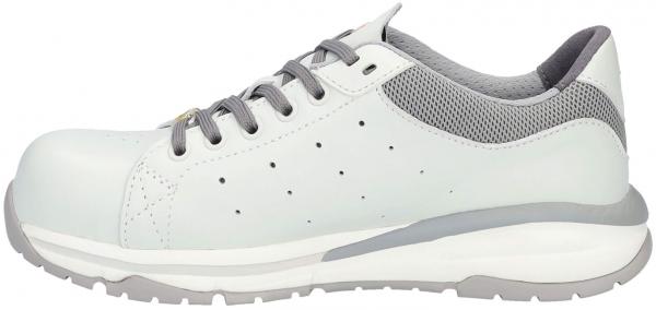 The image shows a light gray shoe with a sporty design. It has a smooth, matte surface, wavy soles, and side ventilation holes. The shoelaces are gray.