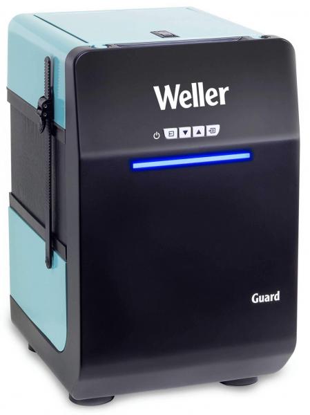 The image displays a compactly designed switch device. It features a black front with a blue LED strip and a light blue top. The front is equipped with symbols for operation.