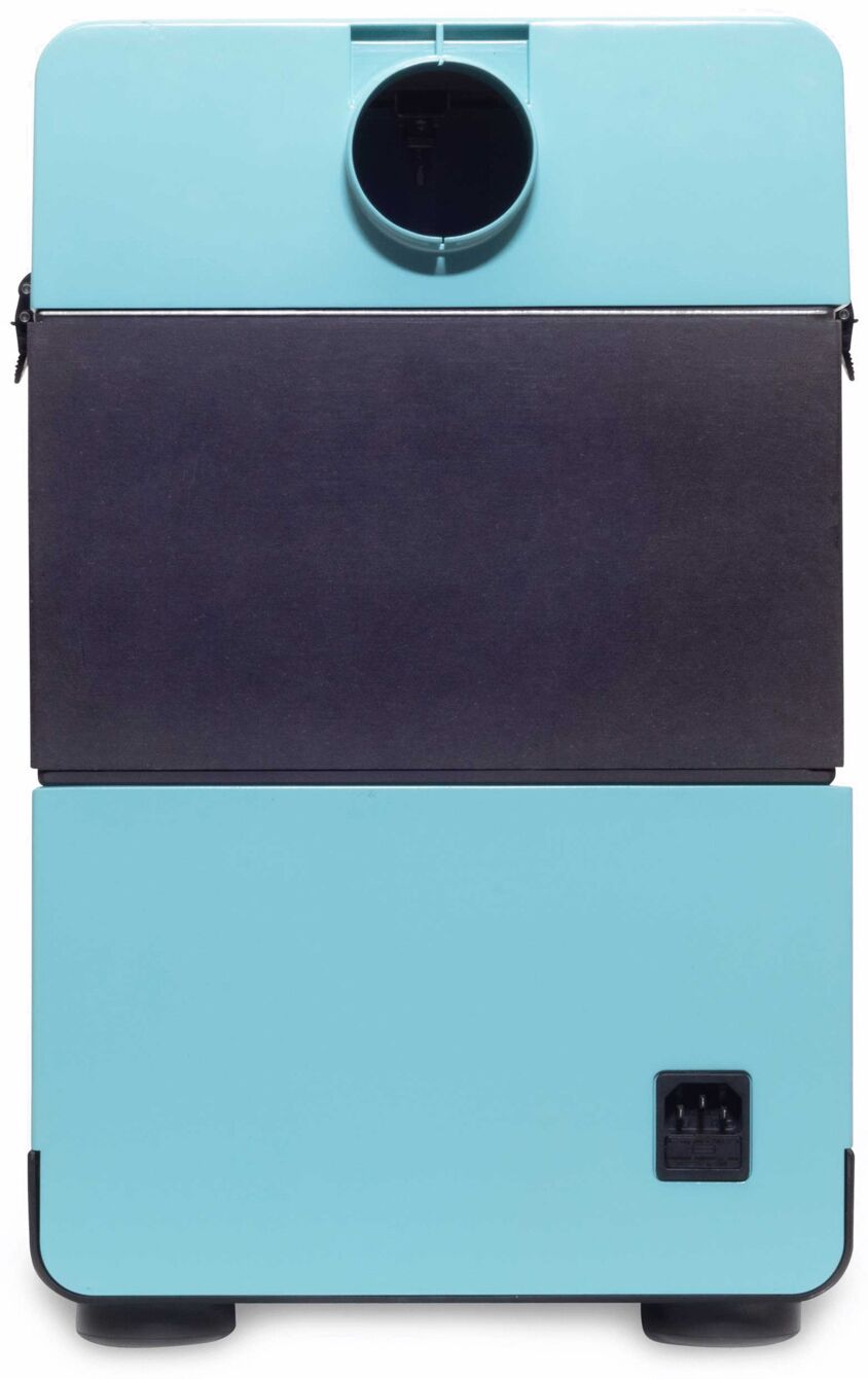 The image shows a blue device that looks like a refrigerator. It has a dark area in the middle and a round outlet at the top. There is a socket at the bottom.