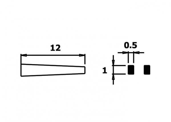 Das Bild zeigt eine skizzierte Kante mit einer Länge von 12 Einheiten, die zur Spitze hin schmaler wird. Rechts sind zwei Rechtecke, 0,5 und 1 Einheit hoch, thematisch angeordnet.