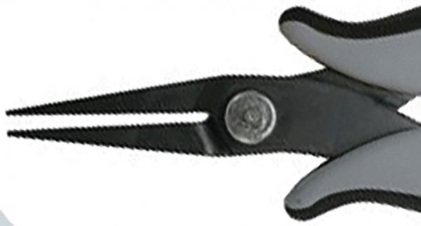 The image shows a sharp pair of pliers with long, narrow plier arms. The handle is gray with black accents. The pliers are suitable for precise tasks.